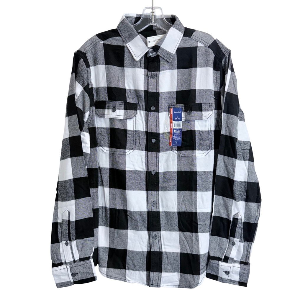 George Mens Super Soft Flannel Shirt White Black Buffalo‎ Plaid Size M 38-40 NWT